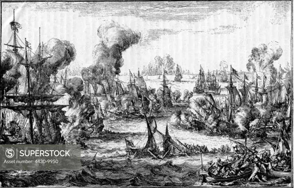 events Nine Years War 1688 - 1697 Battle of La Hogue 29.5.1692 contemporary copper engraving by Romain de Hooghe detail,