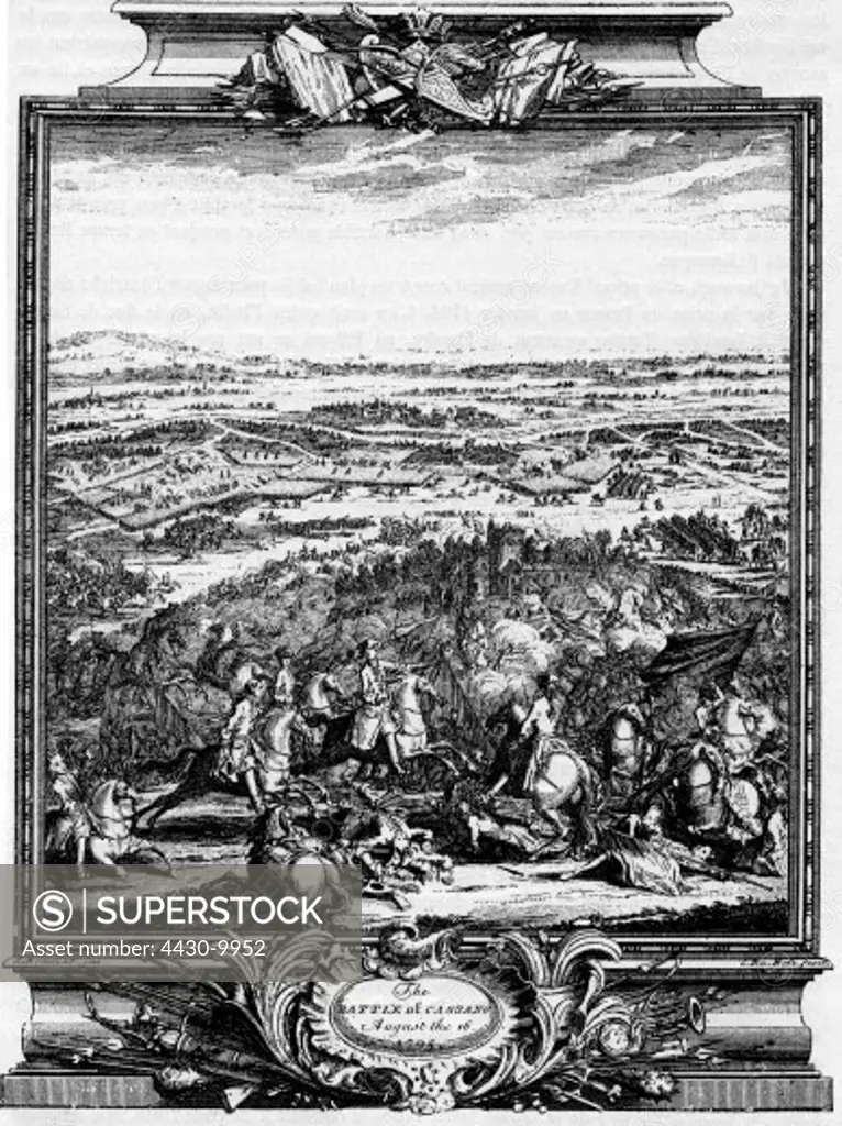 events War of the Spanish Succession 1701 - 1714 Battle of Cassano 16.8.1705 contemporary copper engraving,