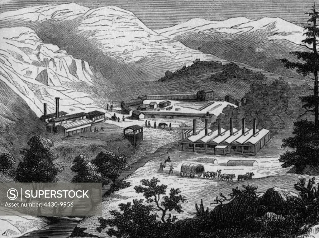mining quicksilver USA quicksilver mine New Almaden California wood engraving second half of the 19th century,