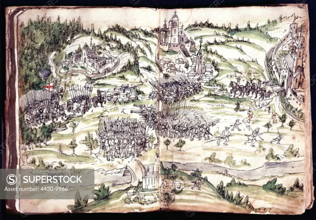 event peasants ` war 1525 treaty of Weingarten 17.4.1525 deployment of contractual partners pen drawing from chronicle of abbot Jakob Murer 1525 princely archives Waldburg-Zeil Zeil castle insurgents Wuerttemberg Swabia formations Waldburg 16th century,