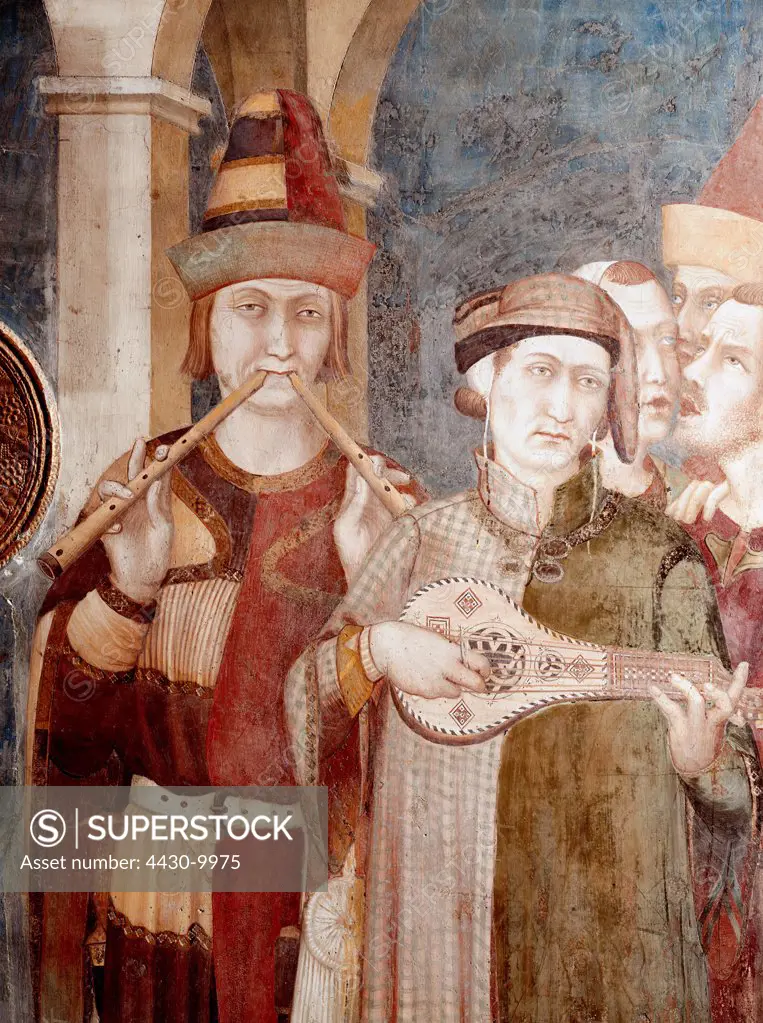 music musicians flute player with two flutes and lute player fresco by Simone Martini detail 13th century lower church San Francesco basilica Assisi Italy,