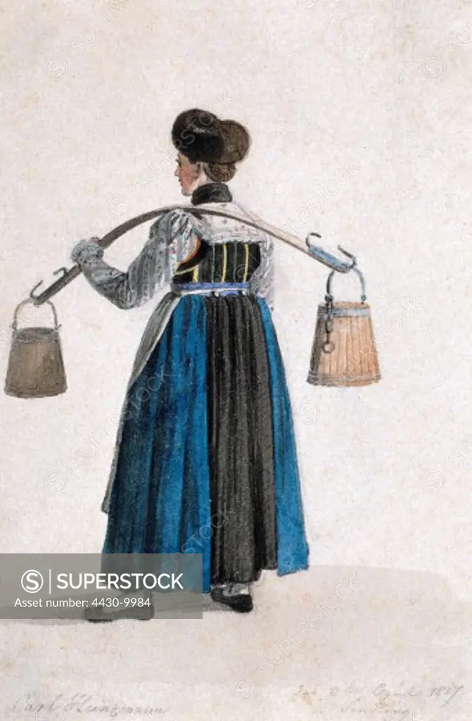 fashion traditional costume Bavaria women's costume from Starnberg lithograph by Karl Heinzmann 1837,