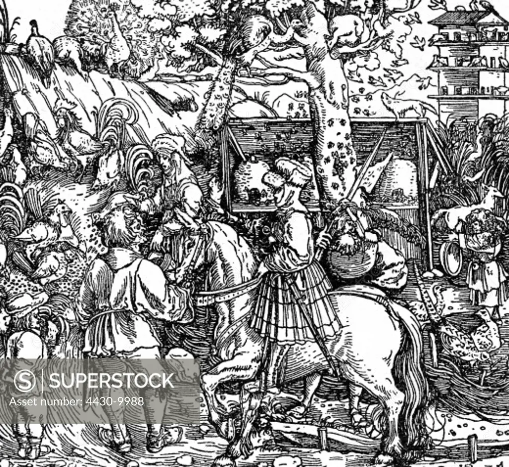 middle ages knights knight in village woodcut 15th century,