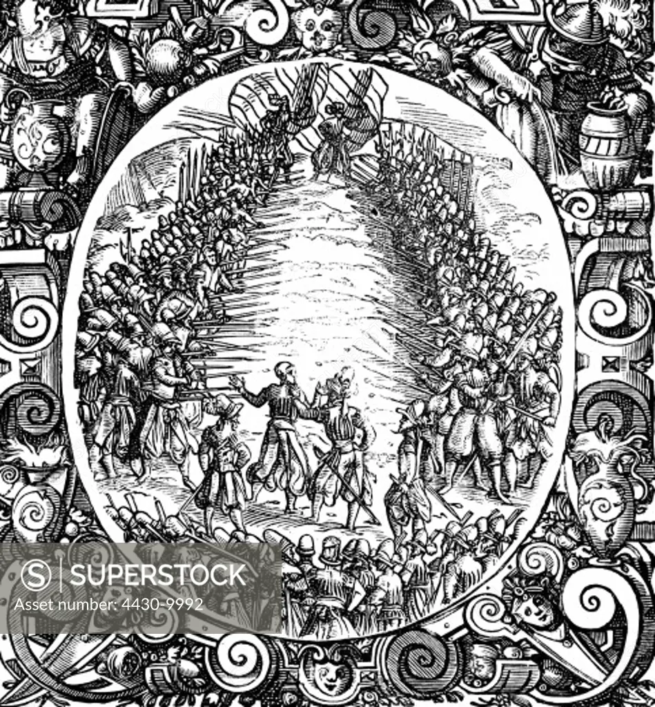 military military justice penitentiary system gauntlet running woodcut by Jost Amman to ""Kriegsbuch"" by Leonhard Fronsperger 1564,