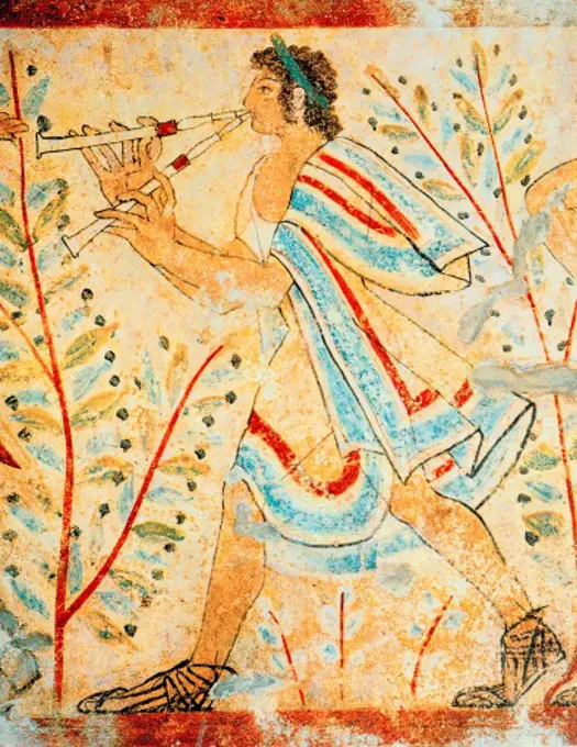 fine arts, ancient world, Etruscans, painting, man plying flute, Tomba dei Leopardi, Tarquinia, circa 450 BC,