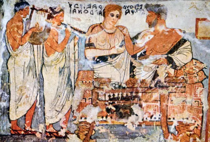 fine arts, ancient world, Etruscans, painting, Velthur Velcha and his wife having a feast, Tomba degli Scudi, Tarquinia, circa 350/325 BC,