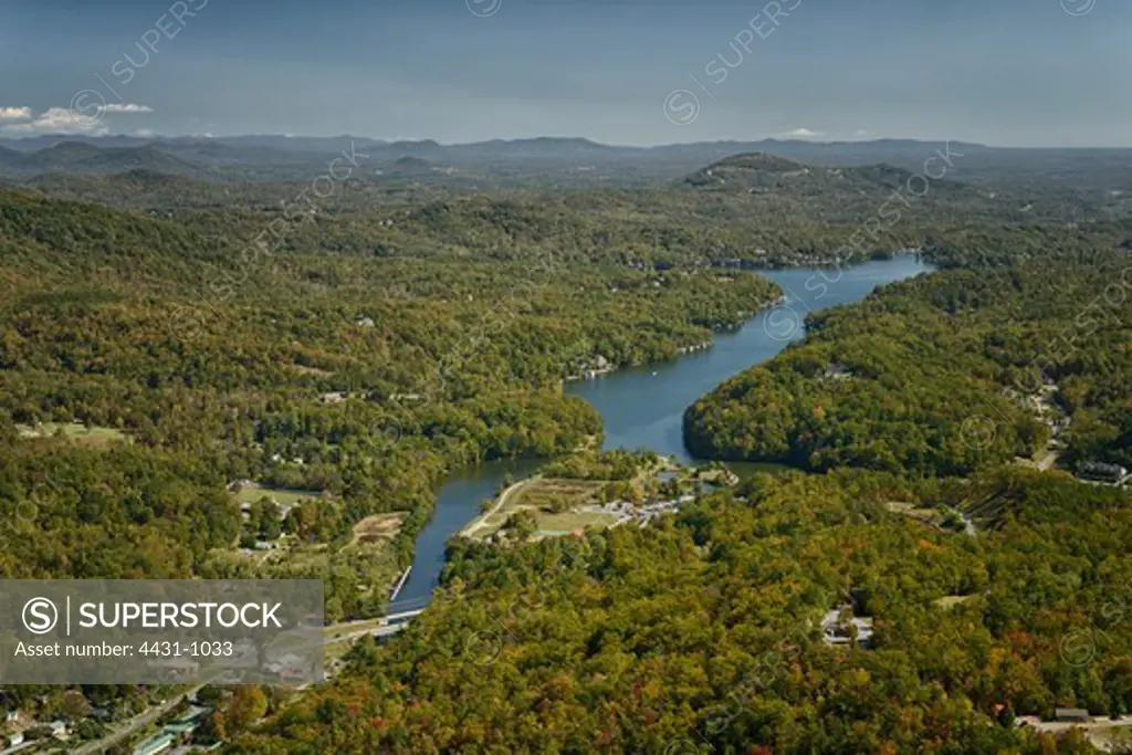 USA, Rutherford county, Aerial shot of Lake Lure