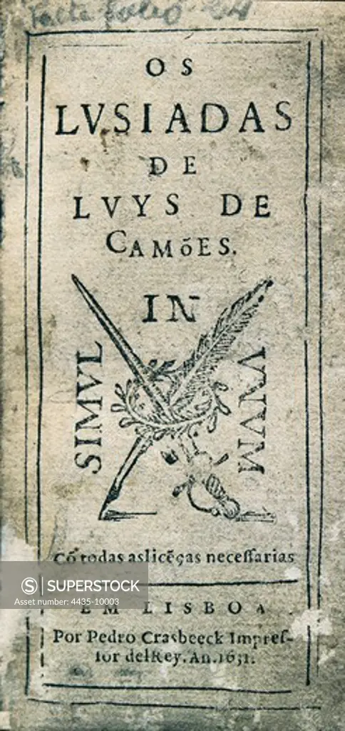 Camoes or Camoens, Luis Vaz de (1524-1580). Portuguese Renaissance writer and poet. Front page of 'Os LusÕadas' (The Lusiads). Portuguese epic poem. Edition printed by Pedro Crasbeeck, King's printer, in Lisbon in 1631. Vignette representing a fountain pen and a sword  jointed by a laurel wreath and the legend 'simul in unum'. Engraving.