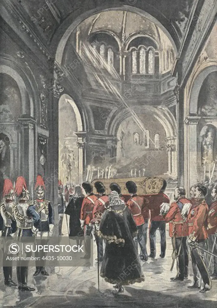 Victoria (1819-1901). Queen of the United Kingdom of Great Britain and Ireland(1837-1901) and first Empress of the India (1877-1901). Funerals of the queen Victoria in the Frogmore Mausoleum. Illustration from 'Le Petit Journal' (February 17, 1901). Engraving.