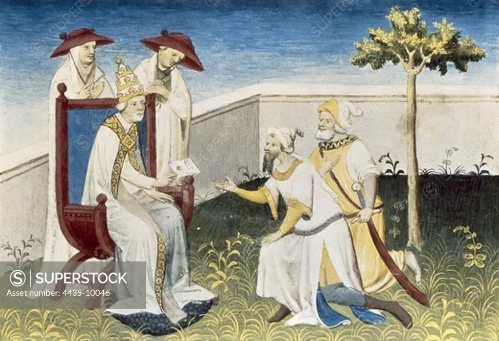Polo, Marco (1254-1324). Venetian traveller. French handwriting edition (14th c.). Meeting between the brothers Mateo and Niccol÷ Polo and the Pope. Description of the World. s.XIV. Gothic art. Miniature Painting. FRANCE. LE-DE-FRANCE. Paris. National Library.