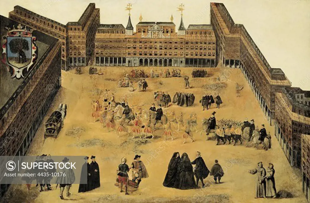 Perspective of the Plaza Mayor (Main Square). 1618. Anonymous from Madrid. Oil on canvas. SPAIN. MADRID (AUTONOMOUS COMMUNITY). Madrid. Museo de Historia.
