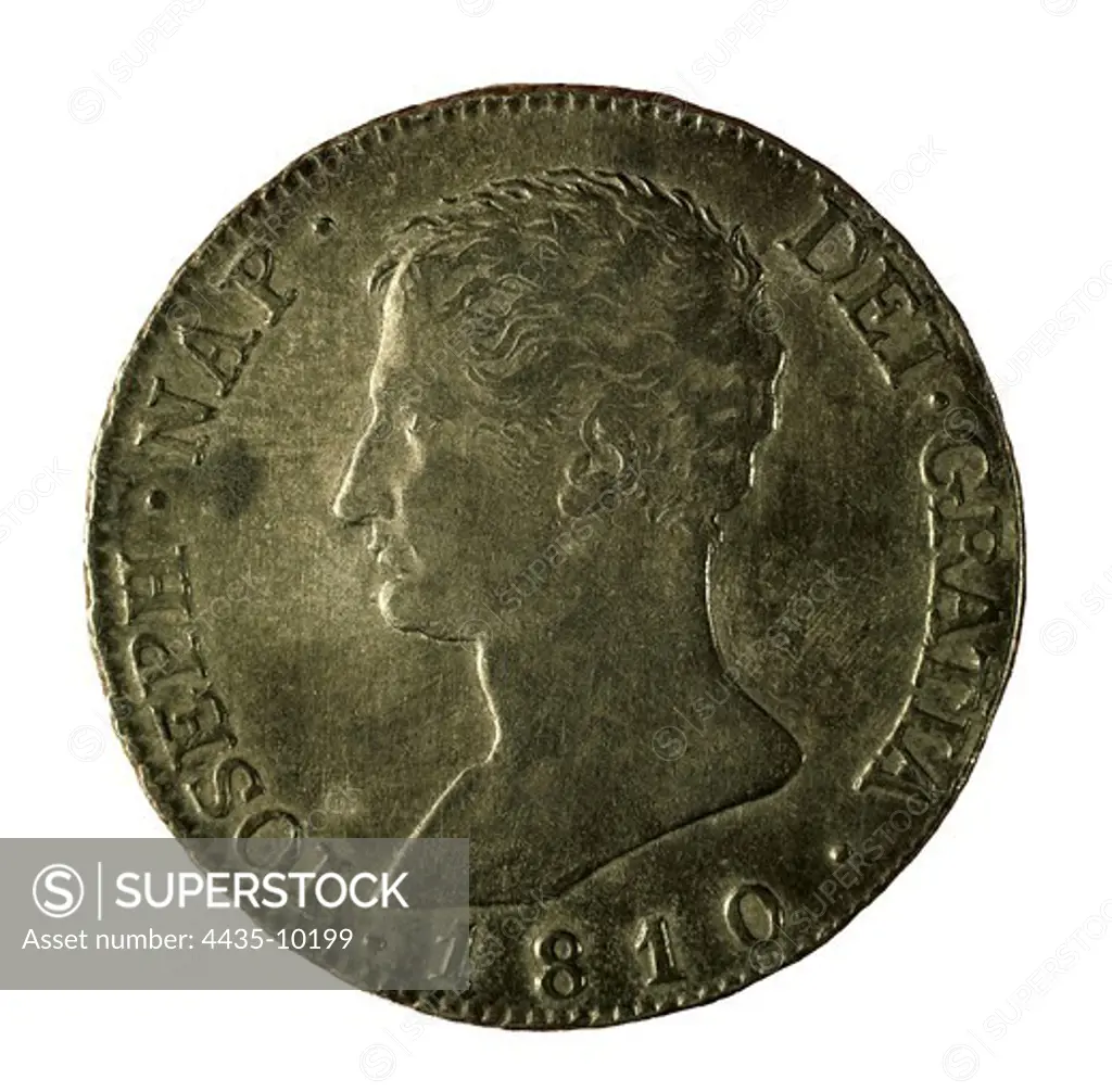 20 reales coin. Obverse with portrait of the king Jos_ Bonaparte (Madrid, 1810). Coin. SPAIN. CATALONIA. Barcelona. Numismatic Cabinet of Catalonia.