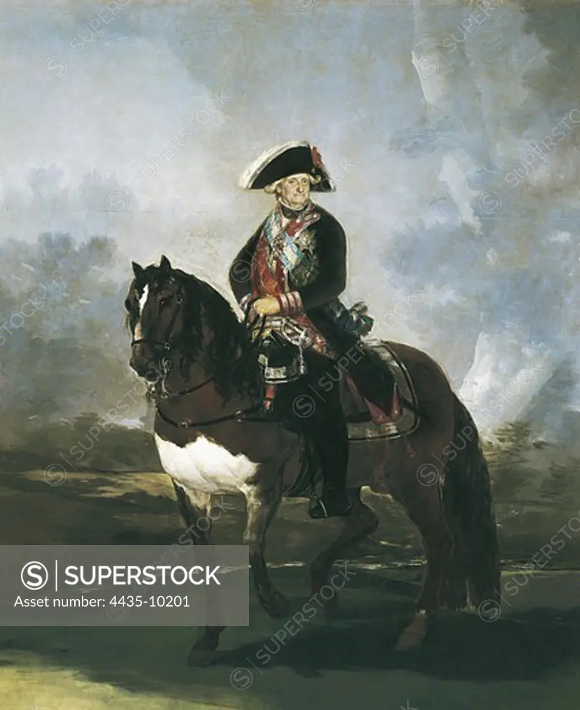 GOYA Y LUCIENTES, Francisco de (1746-1828). Charles IV on horseback. 1799. He is wearing the Colonel of the Guards of Corps uniform. He also wears the Golden Fleece and band of Charles III and Saint Januarius. Oil on canvas. SPAIN. MADRID (AUTONOMOUS COMMUNITY). Madrid. Prado Museum.
