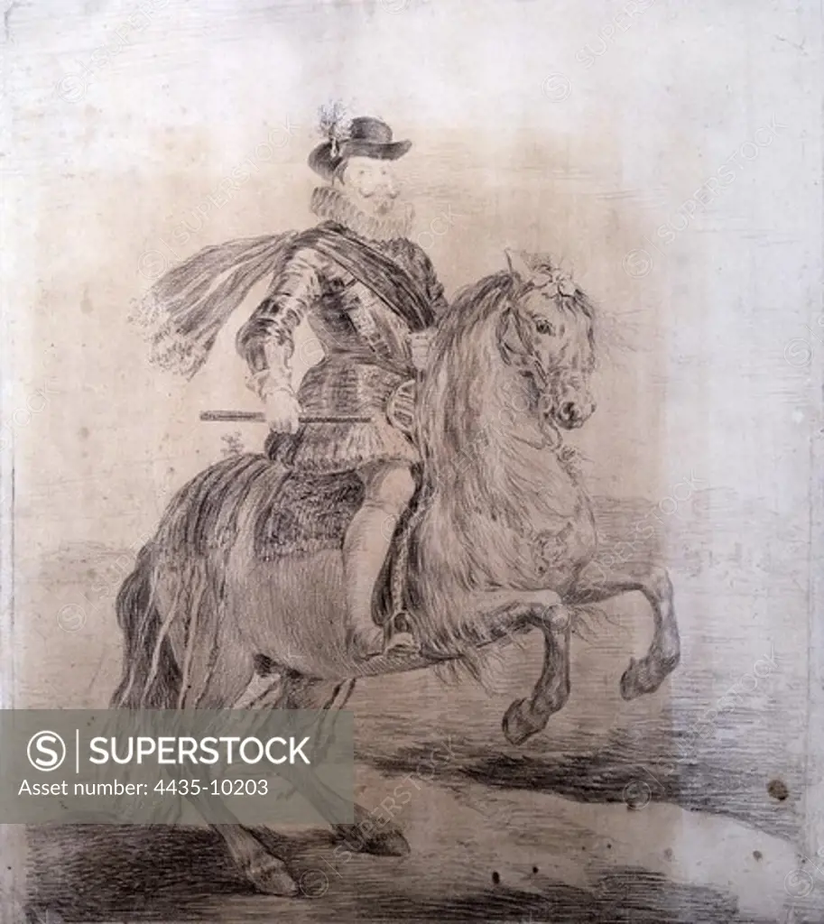 GOYA Y LUCIENTES, Francisco de (1746-1828). Equestrian Portrait of Philip III of Spain. 1778. Drawing copies of Velazquez paintings. Baroque art. Drawing. SPAIN. MADRID (AUTONOMOUS COMMUNITY). Madrid. Làzaro Galdiano Foundation.