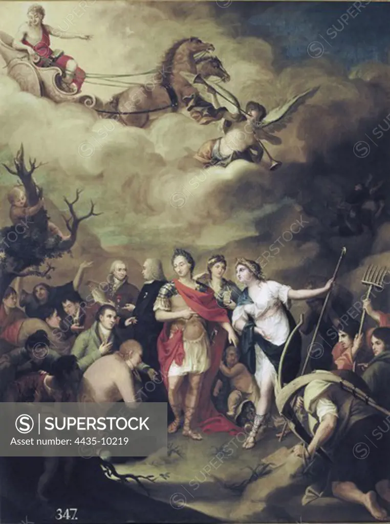 ALONSO DEL RIVERO, Jos_ (18th century). Charles III handing over the lands of Sierra Morena to the settlers. Oil on canvas. SPAIN. MADRID (AUTONOMOUS COMMUNITY). Madrid. St. Fernando Royal Academy Museum.
