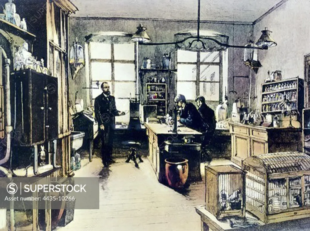 KOCH, Robert (1843-1910). German physician, discoverer of the tuberculin. Nobel Prize in 1905. Colour engraving depicting his laboratory. Engraving.