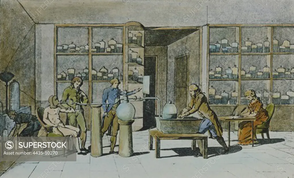 LAVOISIER, Marie Anne Pierrette (1758-1836). Antoine Lavoisier and his Experiments into Respiration. end 18th c. Facsimile. Engraving.