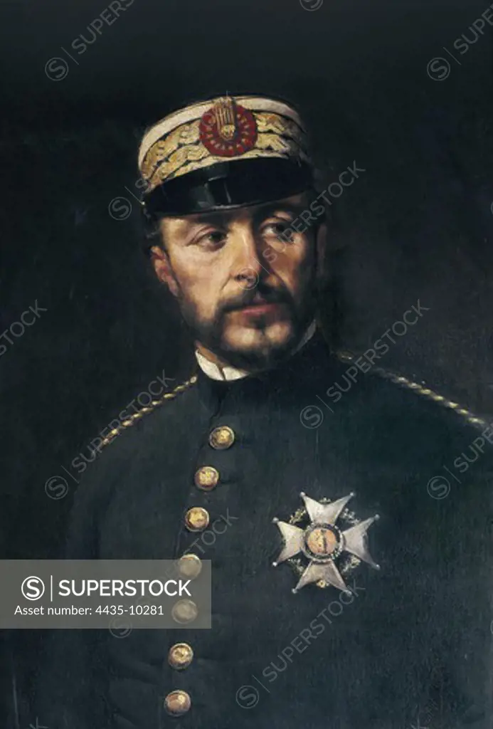 PRIM I PRATS, Joan (1814-1870). Spanish general and politician, Prime Minister (1869-1970). Portrait of 1884. CUSACHS i CUSACHS, Josep (1851-1908). Realism. Oil on canvas. SPAIN. CATALONIA. Barcelona. Gallery of Famous Catalans. Requesens Palace.