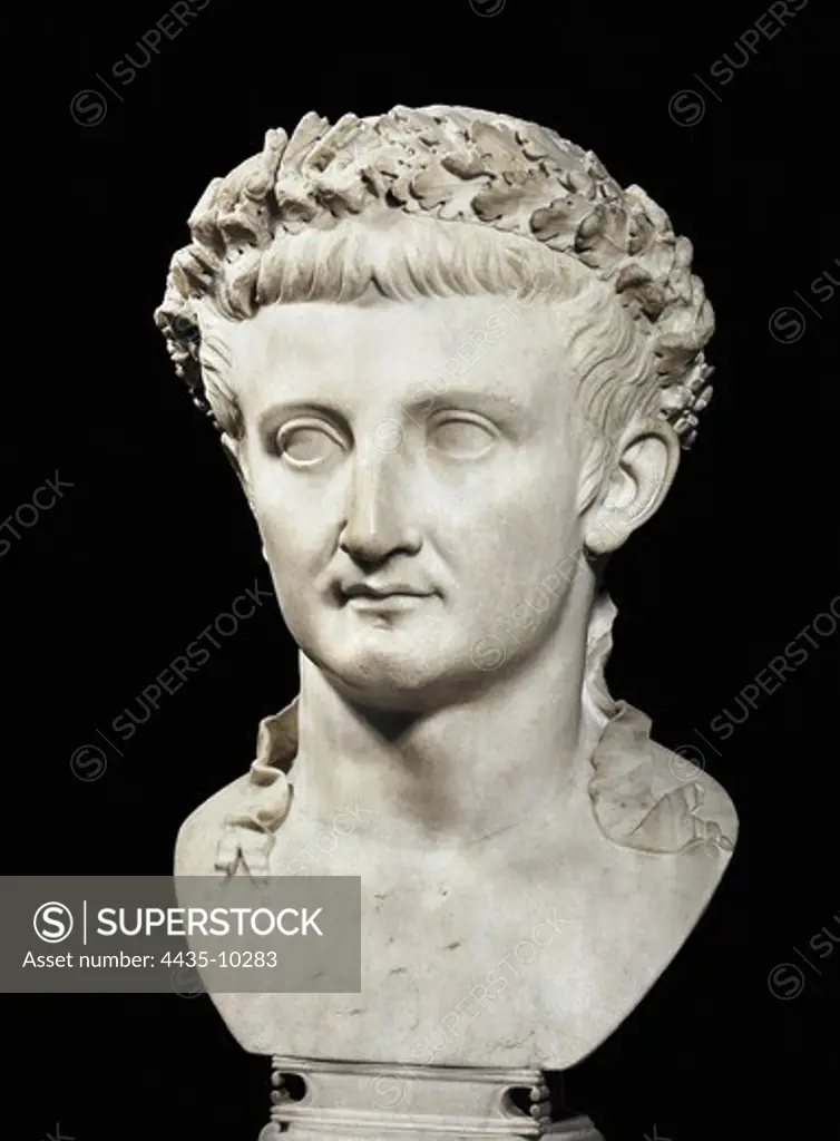 Bust of the Emperor Tiberius. 1st c. Roman art. Early Empire. Sculpture on marble. FRANCE. LE-DE-FRANCE. Paris. Louvre Museum.