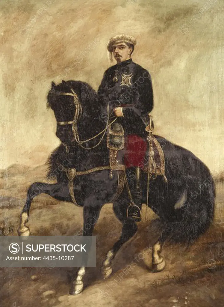 Alfonso Carlos I de Borbon y Austria-este (1849-1936). Carlist pretender to the Spanish throne. Anonymous portrait on horseback. Oil on canvas. SPAIN. CATALONIA. BARCELONA. Sitges. Romantic Museum.