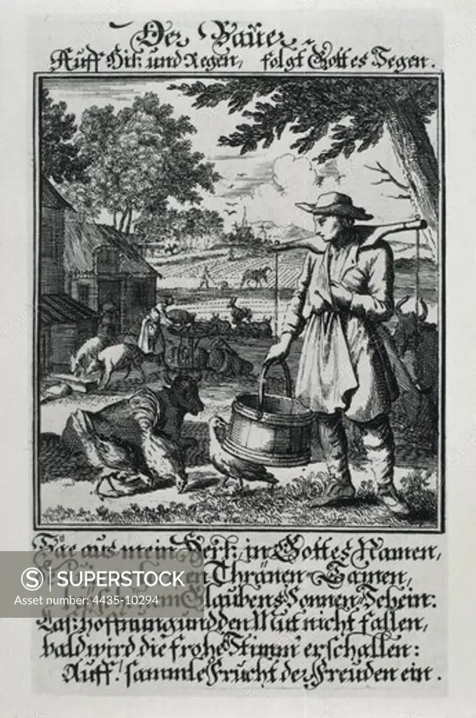 ALEMBERT, Jean Le Rond D' (1717-1783). French philosopher, writer and mathematician.; DIDEROT, Denis (1713-1784). French erudite writer and philosopher. Illustration of 'The Peasant' from a German edition of 'L'Encyclop_die'. Engraving.