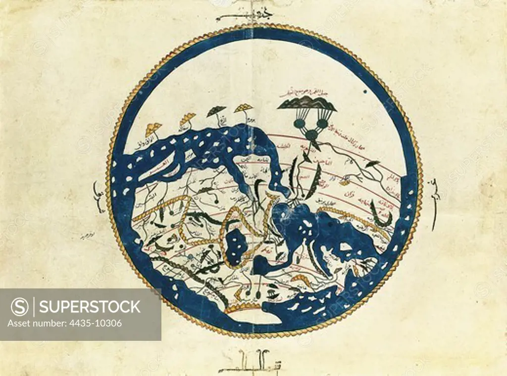 AL-IDRISI, Abu Abd Allah Muhammad  (1100-ca. 1165). Andalusian geographer, cartographer, Egyptologist and traveller who lived in Sicily, at the court of King Roger II. World Map belonging to Tabula Rogeriana, 1154. Note that south is at the top of the map.  Manuscript copy by 'AlÓ ibn Hasan al-H_fÓ al-QäsimÓ in Cairo in 1456. Hispano-Moresque art. Miniature Painting. UNITED KINGDOM. ENGLAND. SOUTH EAST ENGLAND. Oxford. Bodleian Library.