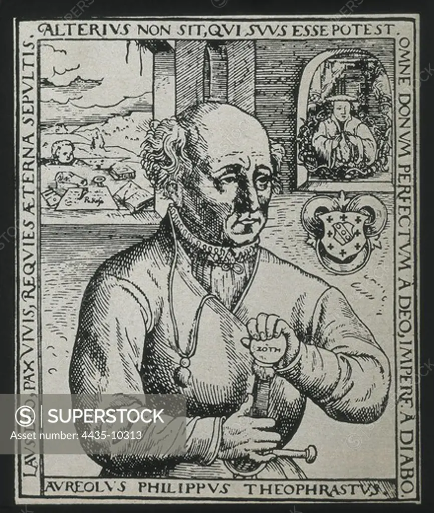 PARACELSUS, Philippus Aureolus (1493-1541). Swiss Renaissance philosopher, theologian and physician. Engraving (16th c.). Xylography.
