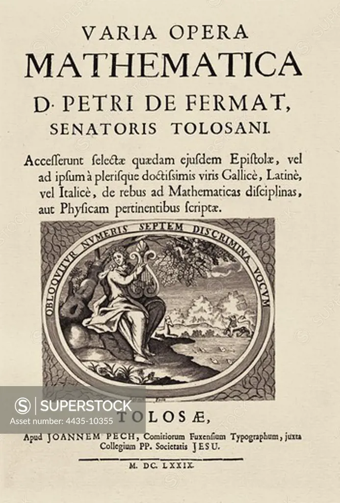 FERMAT, Pierre de (1601-1665). French lawyer, famous for his work in mathematics. Varia Opera Mathematica (1659). Title page. SPAIN. CATALONIA. Barcelona. Biblioteca de Catalunya (National Library of Catalonia).