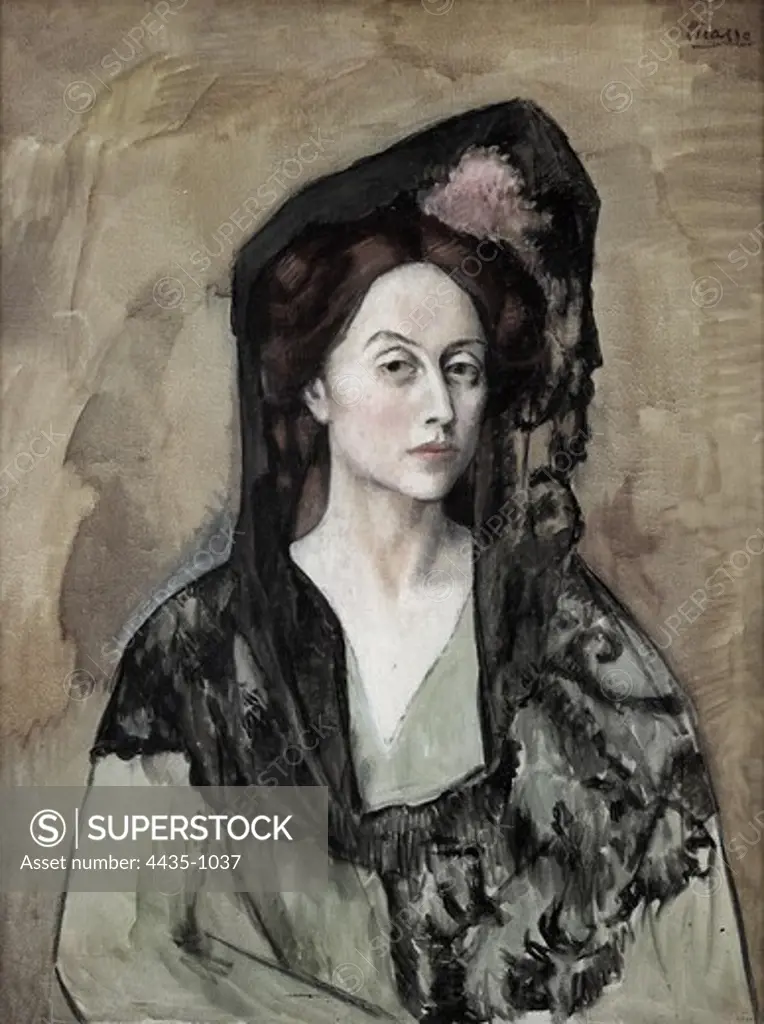 Picasso, Pablo (1881-1973). Portrait of Mrs. 1905. Bust of Bernardetta Bianco, Ricard Canals' wife, with a mantilla. Work executed in Paris. Rose Period. Oil on canvas. SPAIN. CATALONIA. Barcelona. Picasso Museum.