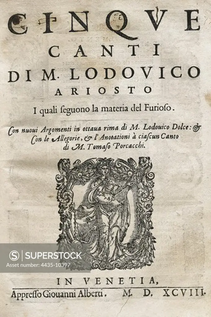 ARIOSTO, Ludovico (1474-1533). Italian Renaissance poet. Edition made in Venice (1598). Front page. SPAIN. CATALONIA. Barcelona. Biblioteca de Catalunya (National Library of Catalonia).