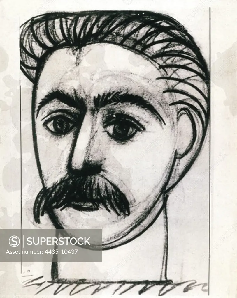 Picasso, Pablo (1881-1973). Portrait of Stalin. 1953. Charcoal drawing. Drawing.