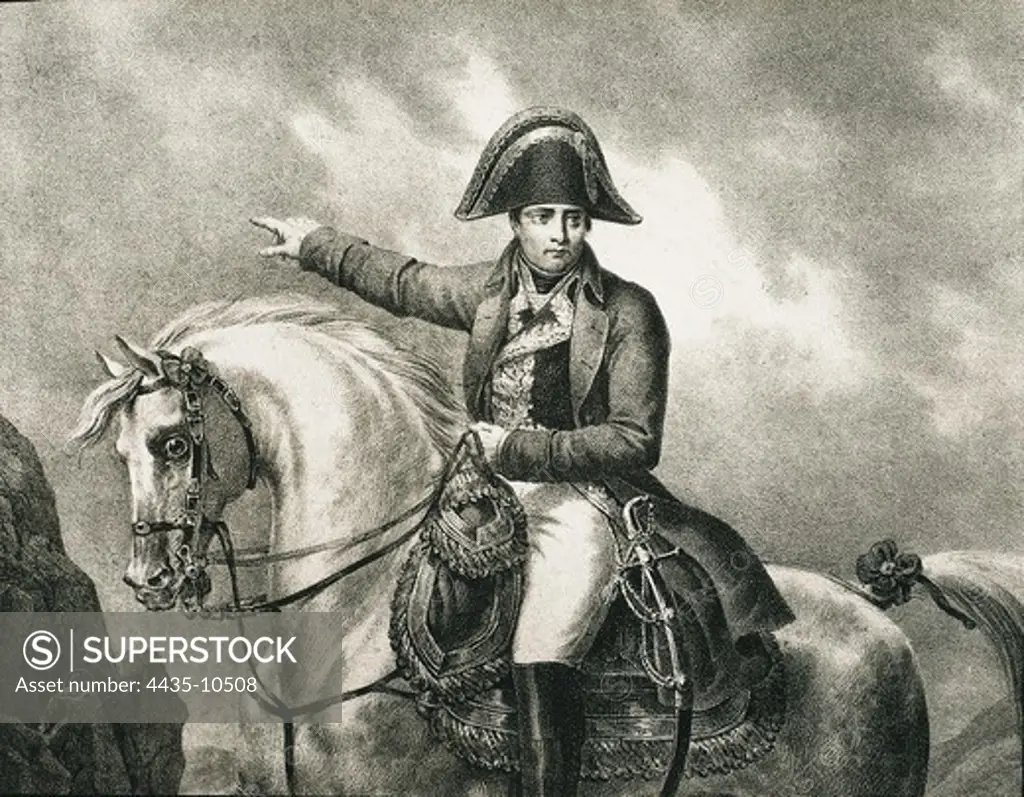 NAPOLEON I Bonaparte (1769-1821). French military man and politician, Emperor of France (1804-1815). D_tail of an equestrian portrait of Napoleon, inspired on the original portrait by Joseph Chabord. Engraving.