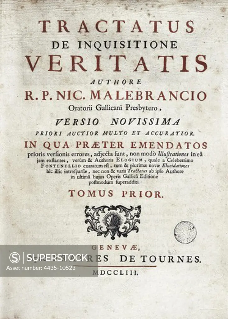 MALEBRANCHE, Nicolas de (1638-1715). Disciple of Descartes. 'Tractatus de Inquisitione de Veritatis' (Geneva, 1753). Cover. SPAIN. CATALONIA. Barcelona. Biblioteca de Catalunya (National Library of Catalonia).