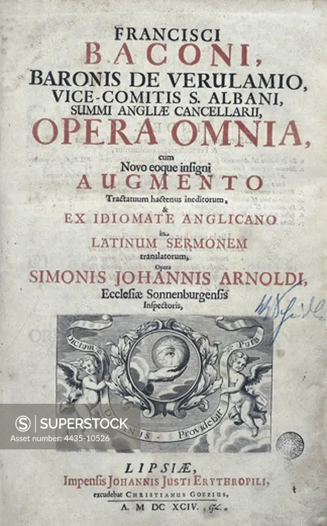 BACON, Francis (1561-1626). English politician and empiric philosopher. 'Opera Omnia' by Francis Bacon. Cover. Published in Leipzig (1694). SPAIN. CATALONIA. Barcelona. Biblioteca de Catalunya (National Library of Catalonia).