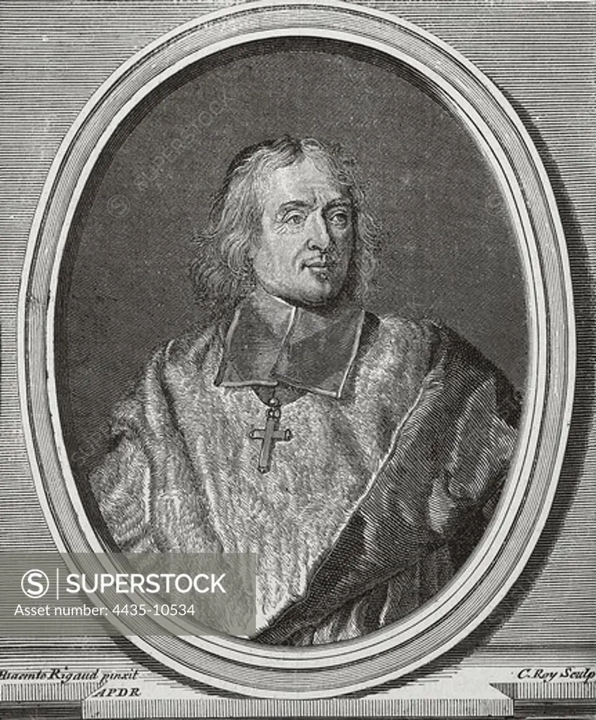 BOSSUET, Jacques-B_nigne (1627-1704). French theologian and bishop. Portrait copy from the original of Hyacinthe Rigaud. Engraving.