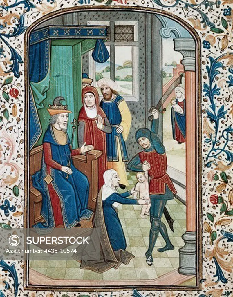 SOLOMON ( -931 BC). King of the Jews from 970 to 931 BC. The Judgment of Solomon. Two women claim to be the mother of the same child. Book of Hours of Leonor de la Vega. 1465 - 1470. Gothic art. Miniature Painting. PORTUGAL. Coimbra. Coimbra University Library.