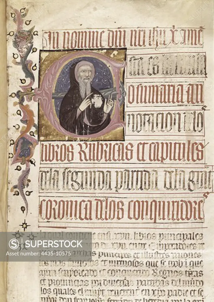 FERNANDEZ DE HEREDIA, Juan (1310-1396). Grand Master of the Order of Knights of the Hospital of St. John of Jerusalem, historian and bibliophile. 'La CrÑnica de los Conqueridores' (The Chronicle of the Conquerors). Chapter letter with portrait of Fernàndez de Heredia. Edition executed in Avignon (1385). Gothic art. Miniature Painting. SPAIN. MADRID (AUTONOMOUS COMMUNITY). Madrid. National Library.