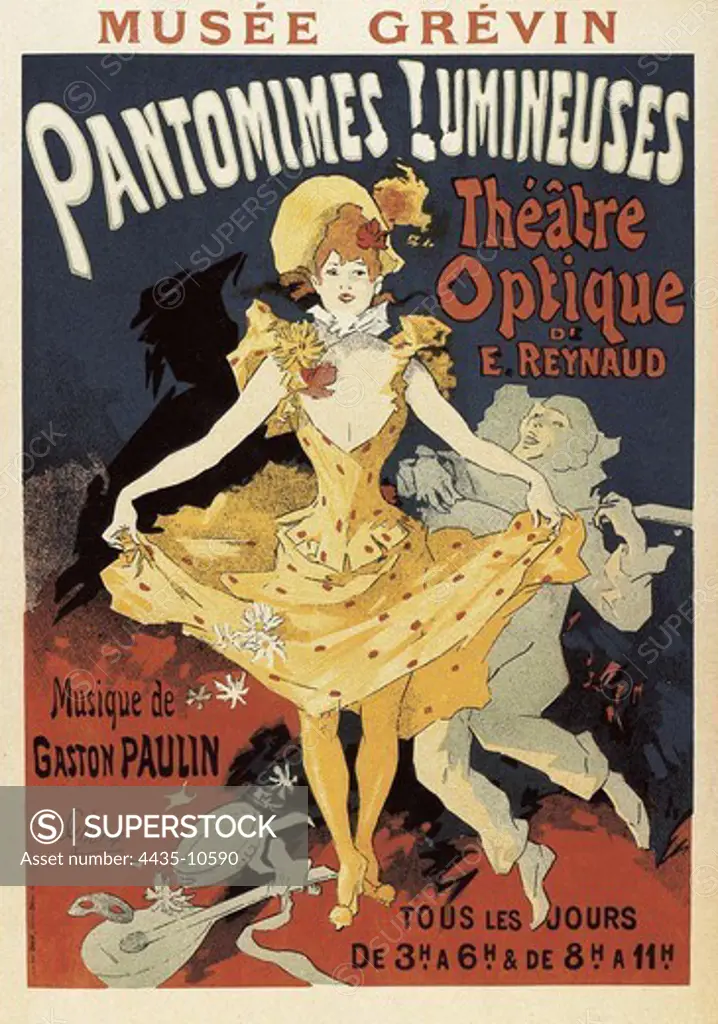 REYNAUD, Emile (1844-1918). French inventor, responsible for the first projected animated cartoon films. Reynaud created the Praxinoscope in 1877 and the Th_ätre Optique in December 1888. 'Pantomimes Lumineuses'. Poster of the first public screenings of the Th_ätre Optique (Optical Theatre), derived from praxinoscope, Paris, 1892. Poster (124 x 88 cm.). CHERET, Jules (1836-1932). Art Nouveau. Litography.