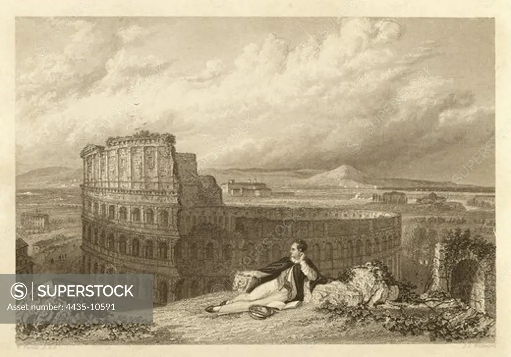 Byron, George Gordon Byron, 6th Baron, called 'Lord Byron' (1788-1824). British romantic poet. Lord Byron in front of the Coliseum in Rome. Illustration by W. Westall. Engraving. SPAIN. MADRID (AUTONOMOUS COMMUNITY). Madrid. Museo Nacional del Romanticismo.