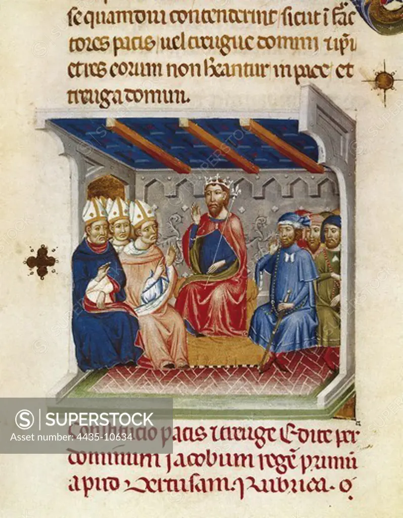 Llibre Verd, vol.I. Book of Privileges of the city of Barcelona (14th c.). The king James I chairing the Cortes. Gothic art. Miniature Painting. SPAIN. CATALONIA. Barcelona. Archdeacon's House.