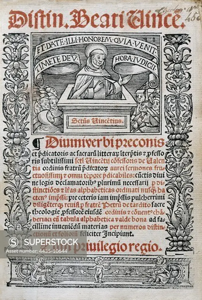 VICENTE FERRER, Saint (1350-1419). Saint Vincent Ferrer's sermons. Edition publiseh in Lugduni (Leyden) in 1523. Cover.