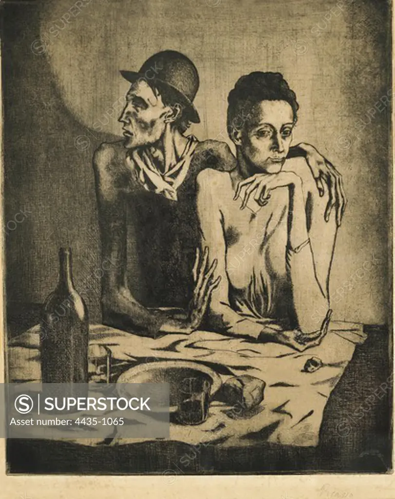 Picasso, Pablo (1881-1973). The Frugal Repast. 1904. Work from his late Blue period. Artistic avant-gardes. Engraving. SPAIN. CATALONIA. Barcelona. Picasso Museum.