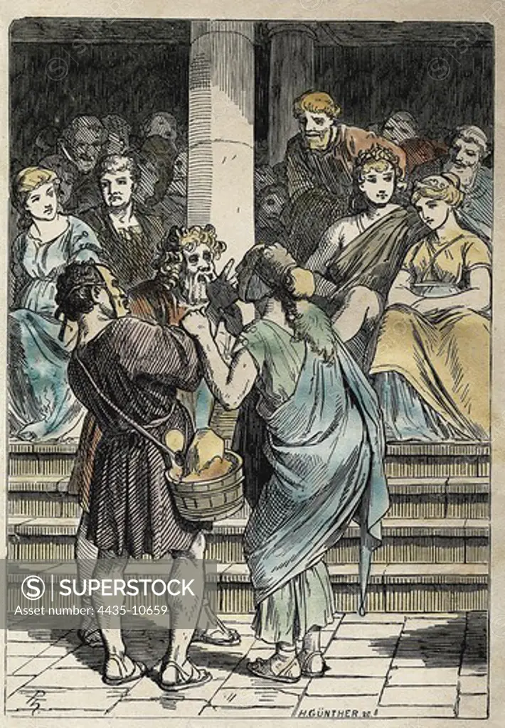 SHAKESPEARE, William (1564-1616). English poet and playwright. Illustration for William Shakespeare's work 'A Midsummer Night's Dream', written in 1594. Scene from the act V where appear Thisbe, Pyramus and the Wall. Engraving from the 19th c. Engraving.