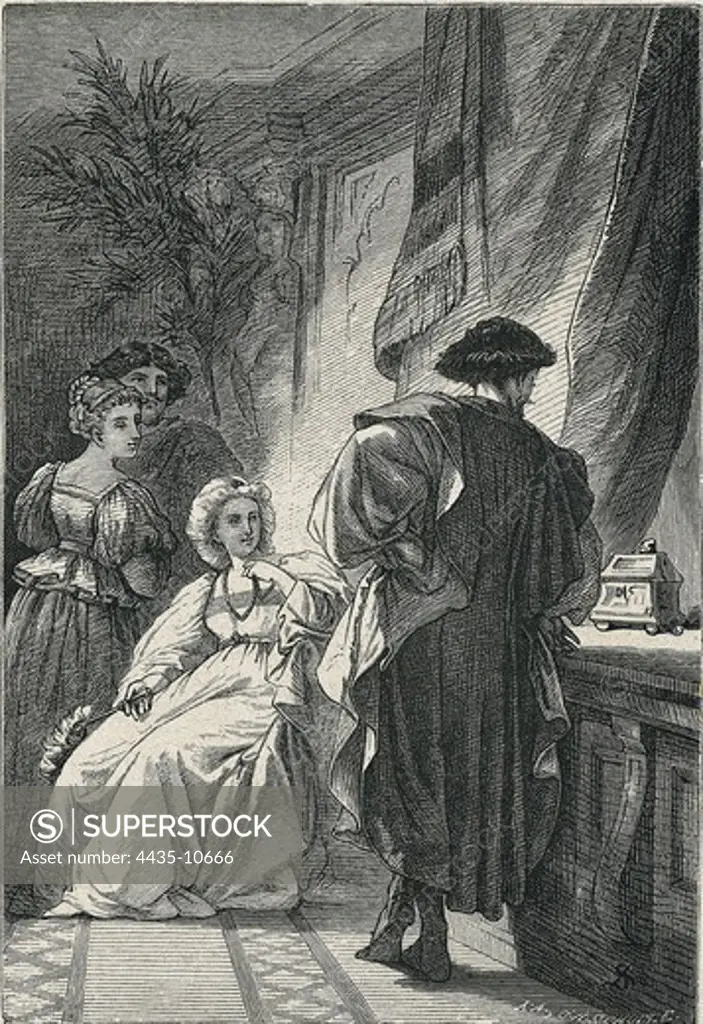 SHAKESPEARE, William (1564-1616). English poet and playwright. Scene from William Shakespeare's work 'The Merchant of Venice'  (ca.1596). Illustration of the election among the three caskets, of 1881. Engraving.