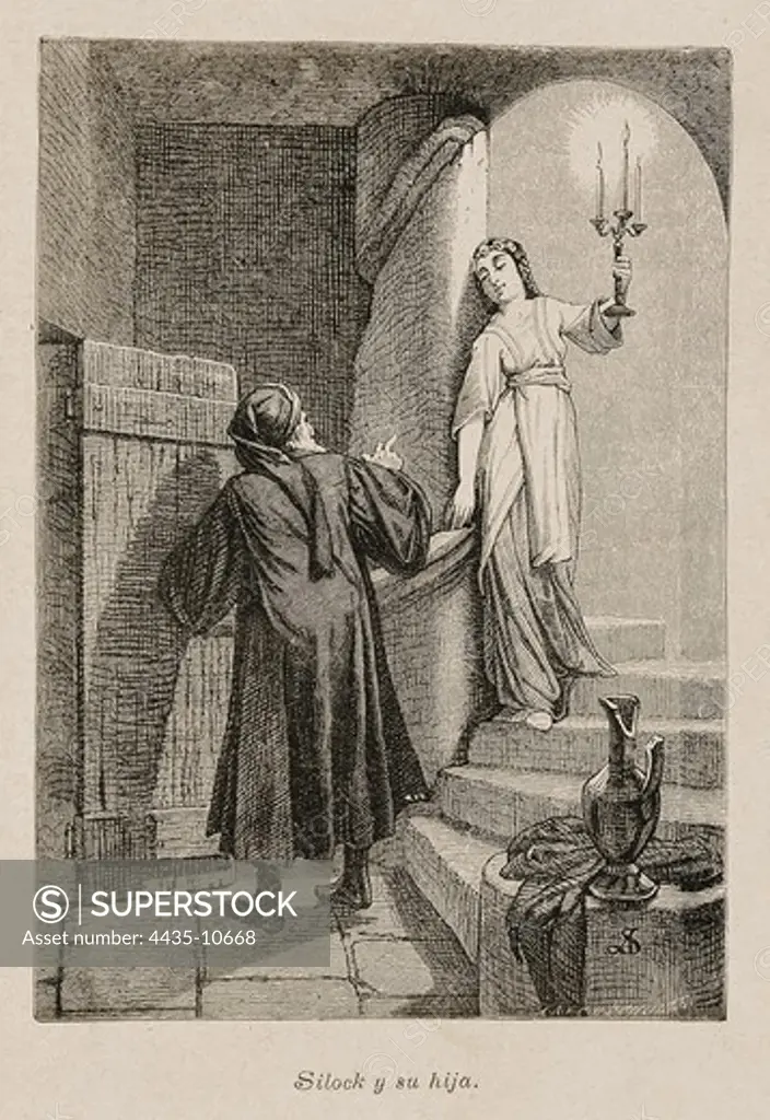 SHAKESPEARE, William (1564-1616). English poet and playwright. Scene from William Shakespeare's work 'The Merchant of Venice'  (ca.1596). Illustration of Shylock and his daughter, 1881. Engraving.