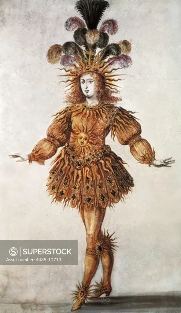 LOUIS XIV, called 'Le Roi Soleil' (1638-1715). King of France (1643-1715), from the House of Boubon. Louis XIV dressed up as sun for a theatre performance at Versailles. Engraving.