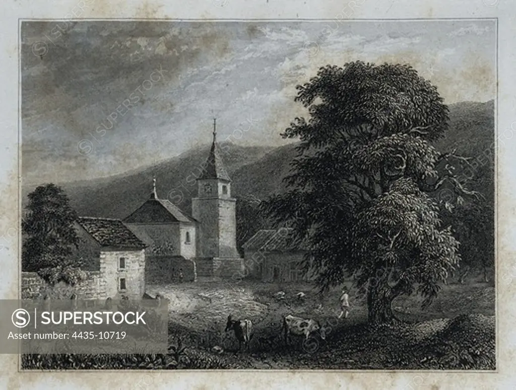Rousseau, Jean-Jacques (1712-1778). Writer and philosopher in French language. Presbytery of Bossey, place where Rousseau studied between 1722-1724 at the school of the Minister Lambercier. Engraving of 1852. Engraving.