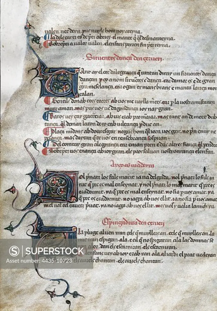 AURENGA, Raimbaut d' (1147-1173). Provenal minstrel. 'Canoner Gil' by Raimbaut d'Aurenga, fol. 47r. with the poem 'Bona dona un consell vos deman'. Manuscript (15th c.).