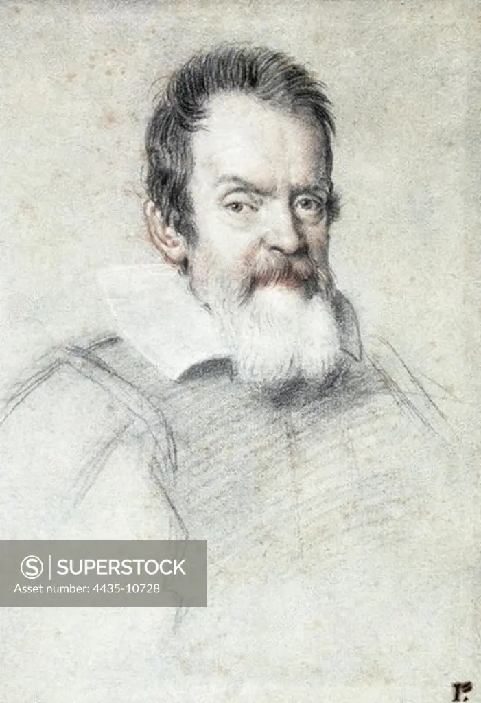 LEONI, Ottavio Mario (1578-1630). Portrait of Galileo Galilei. 1600-1630. Drawing. ITALY. TUSCANY. Florence. Biblioteca Marucelliana (Marucelliana Library).