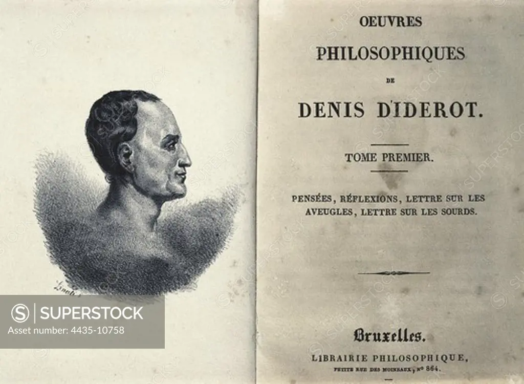 DIDEROT, Denis (1713-1784). French erudite writer and philosopher. Frontispiece of Denis Diderot's 'Oeuvres Philosophiques'. Brussels edition of 1829. Engraving. SPAIN. CATALONIA. Barcelona. Biblioteca de Catalunya (National Library of Catalonia).